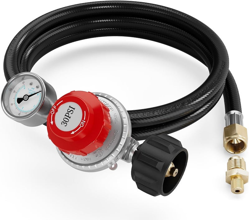 NUPICK 6FT 0-30 PSI Adjustable High Pressure Propane Regulator with 0~60PSI Gauge Gas Flow Indicator，Propane Regulator with Hose for LP Gas Cooker, Burner, Turkey Fryer, Smoker - Image 1